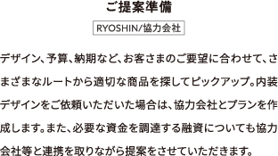 ご提案準備:デザイン、予算、納期など、お客さまのご要望に合わせて、さまざまなルートから適切な商品を探してピックアップ。内装デザインをご依頼いただいた場合は、協力会社とプランを作成します。また、必要な資金を調達する融資についても協力会社等と連携を取りながら提案をさせていただきます。